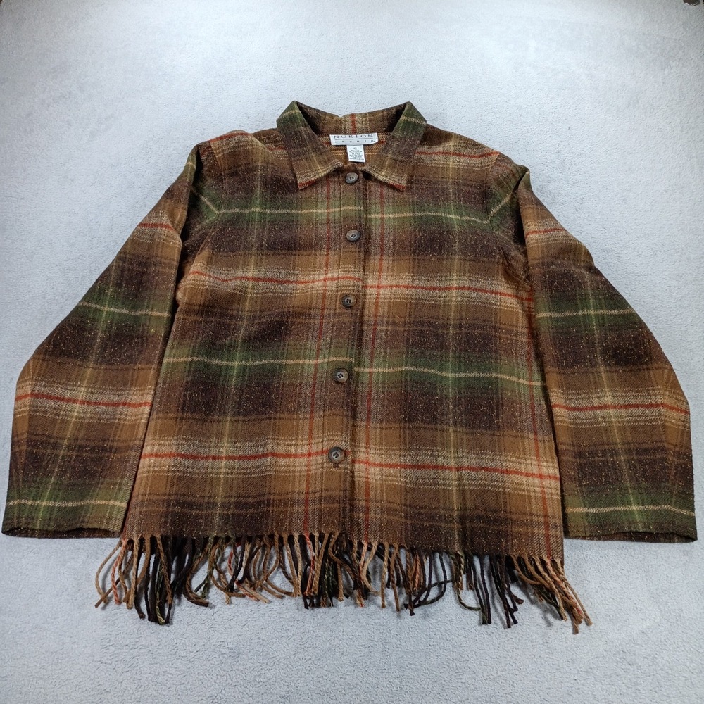 Norton Studio Womens Plaid Wool Blend Fringe Shacket Brown Size 12 Button Front